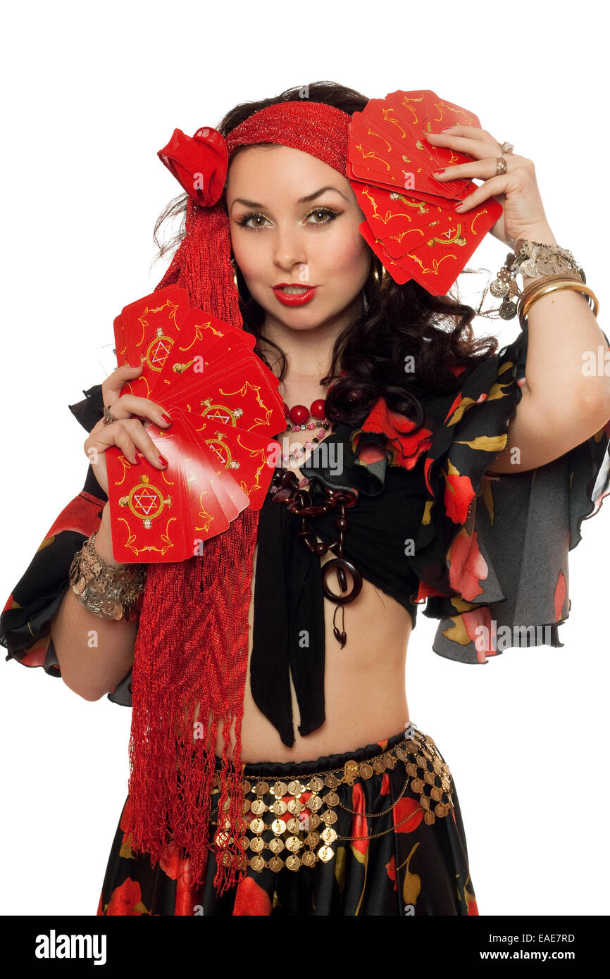 Portrait of gypsy woman with cards. Isolated Stock Photo Alamy