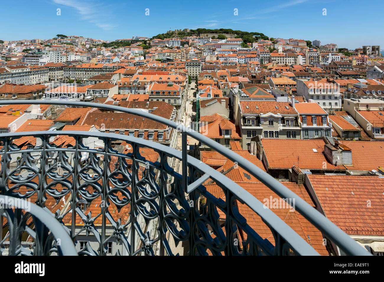 View from Santa Justa Elevator, Elevador de Santa Justa or Elevador do Carmo over the historic city centre of Lisbon with red Stock Photo