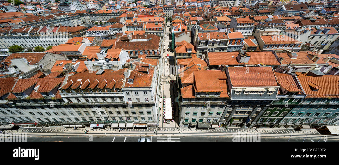 View from Santa Justa Elevator, Elevador de Santa Justa or Elevador do Carmo over the historic city centre of Lisbon with red Stock Photo