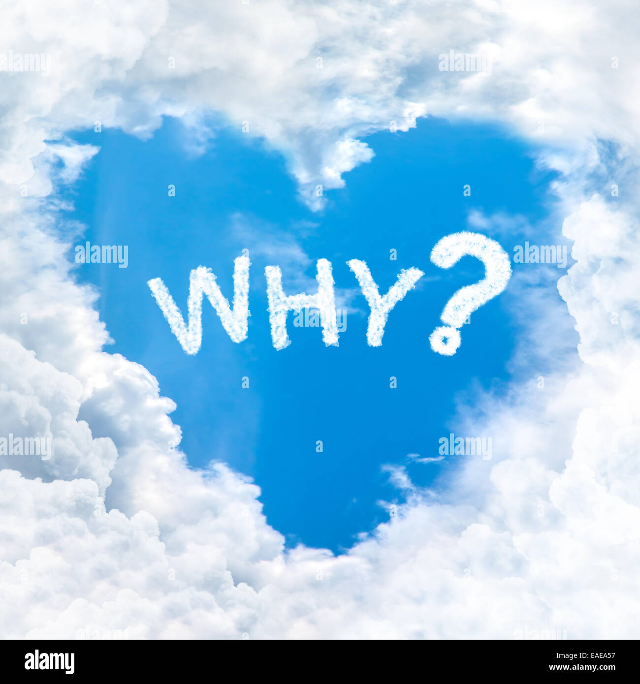 why question word on blue sky inside love heart cloud form Stock Photo