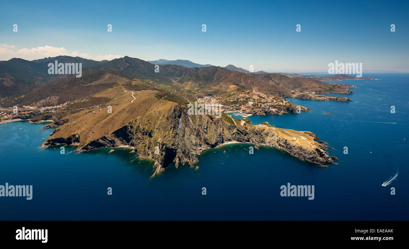 Aerial view, rocky coast, Cap Cerbère, Languedoc-Roussillon, France Stock Photo