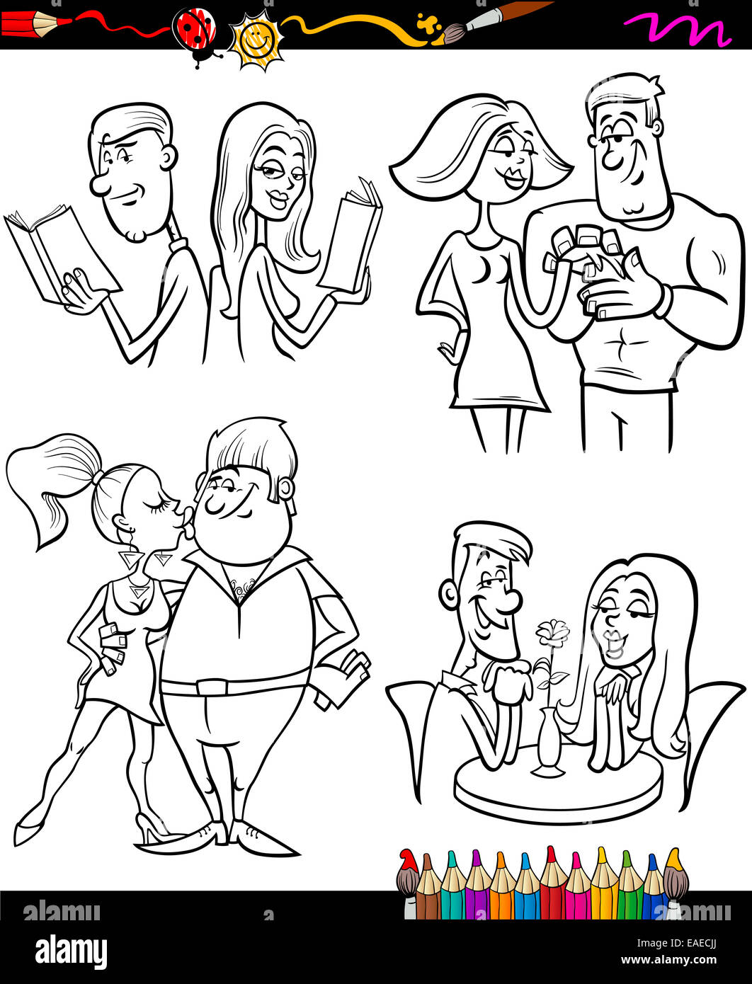 Coloring Book or Page Cartoon Illustration of Color and Black and White Happy Couples in Love Stock Photo