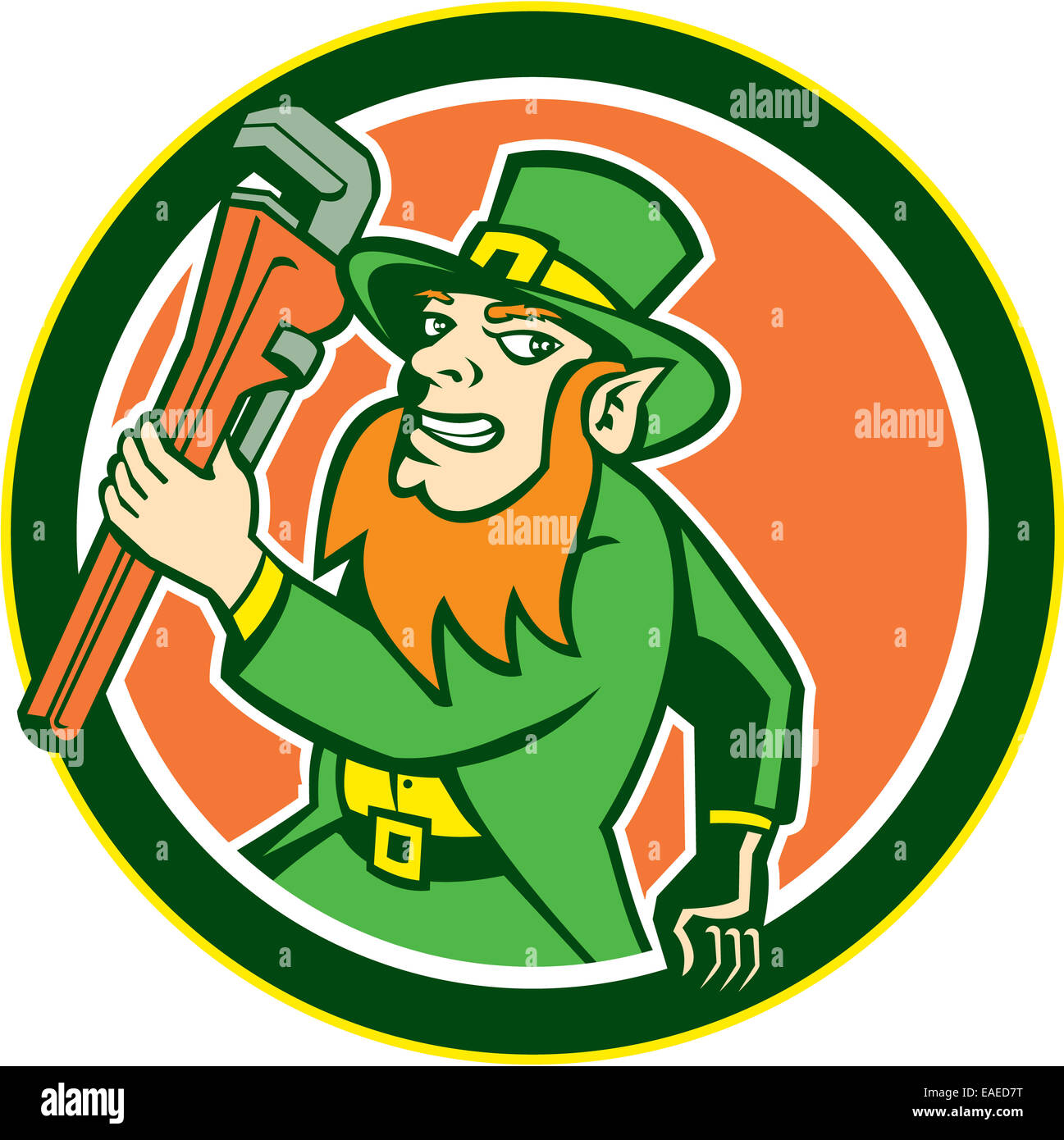 Illustration of a leprechaun holding monkey wrench running facing side ...