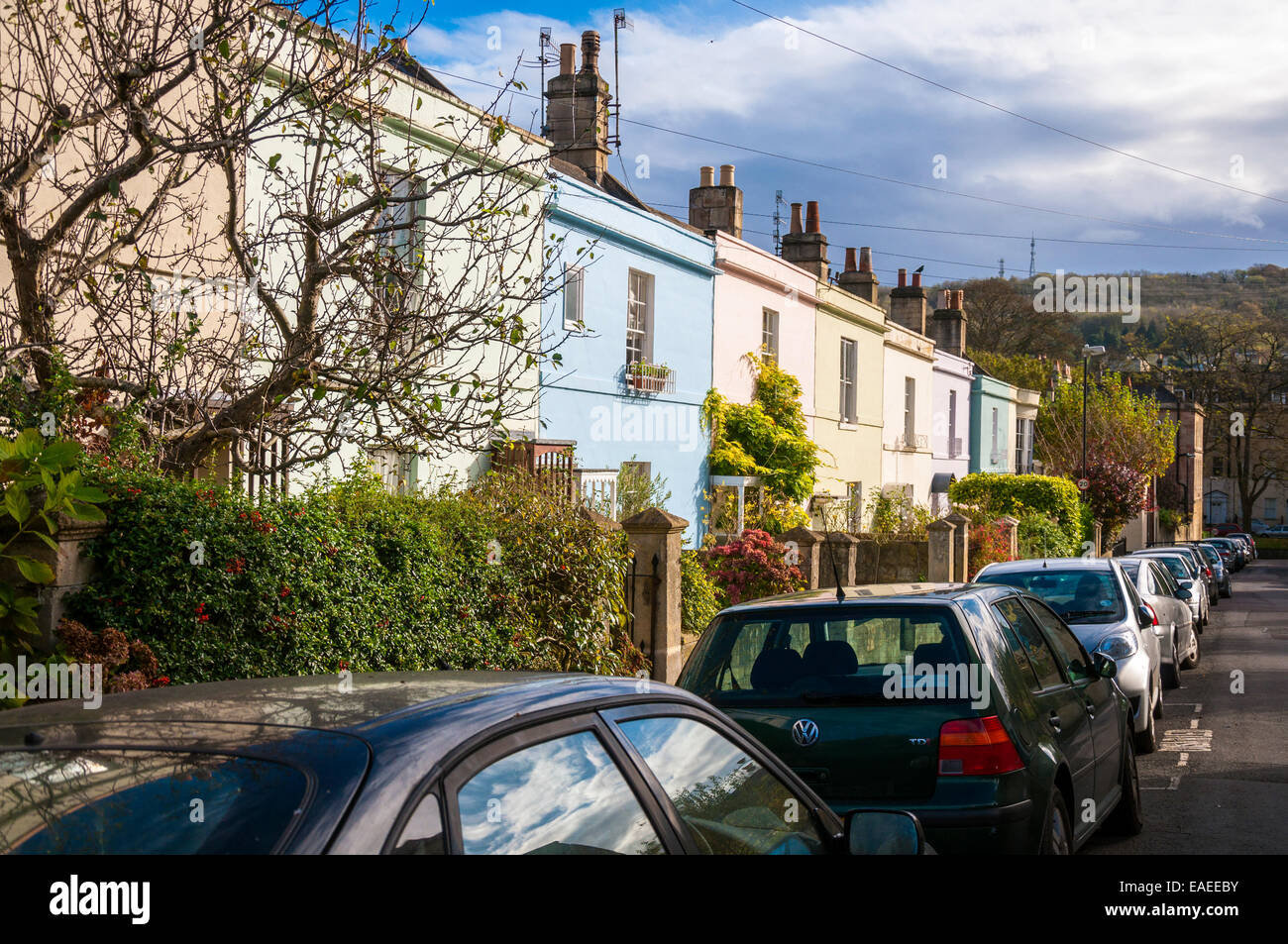 Beaufort Place houses and cars parked in Larkhall Bath Somerset Stock Photo
