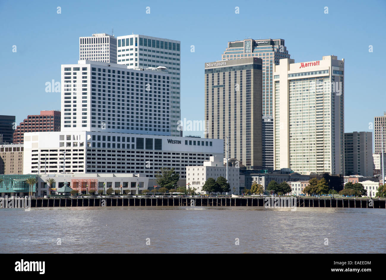 New Orleans waterfront properties Westin Sheraton Marriott hotels.New Orleans on the Mississippi