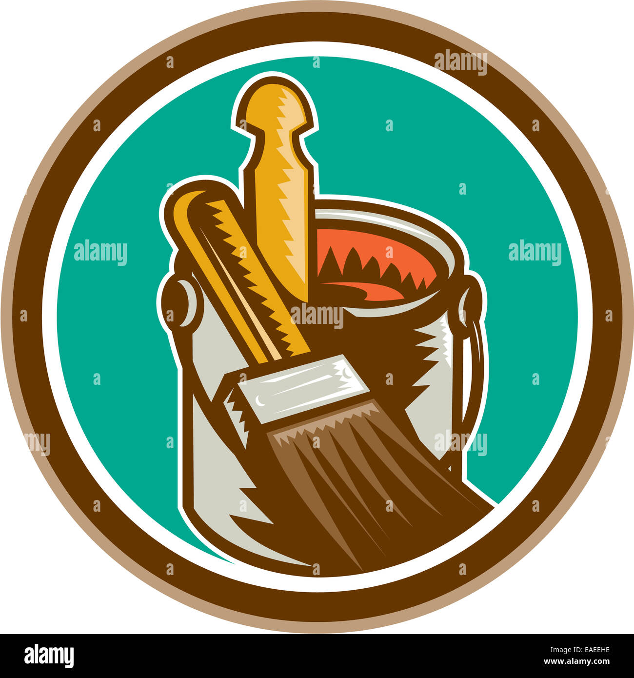 Illustration of a painter paint brush and paint tin can with stirrer