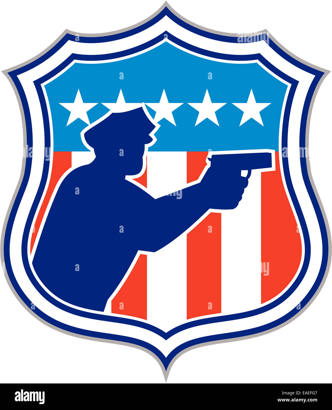 Illustration of a silhouette of a policeman police officer pointing shooting gun facing side set inside shield crest with american stars and stripes flag in the background done in retro style. Stock Photo