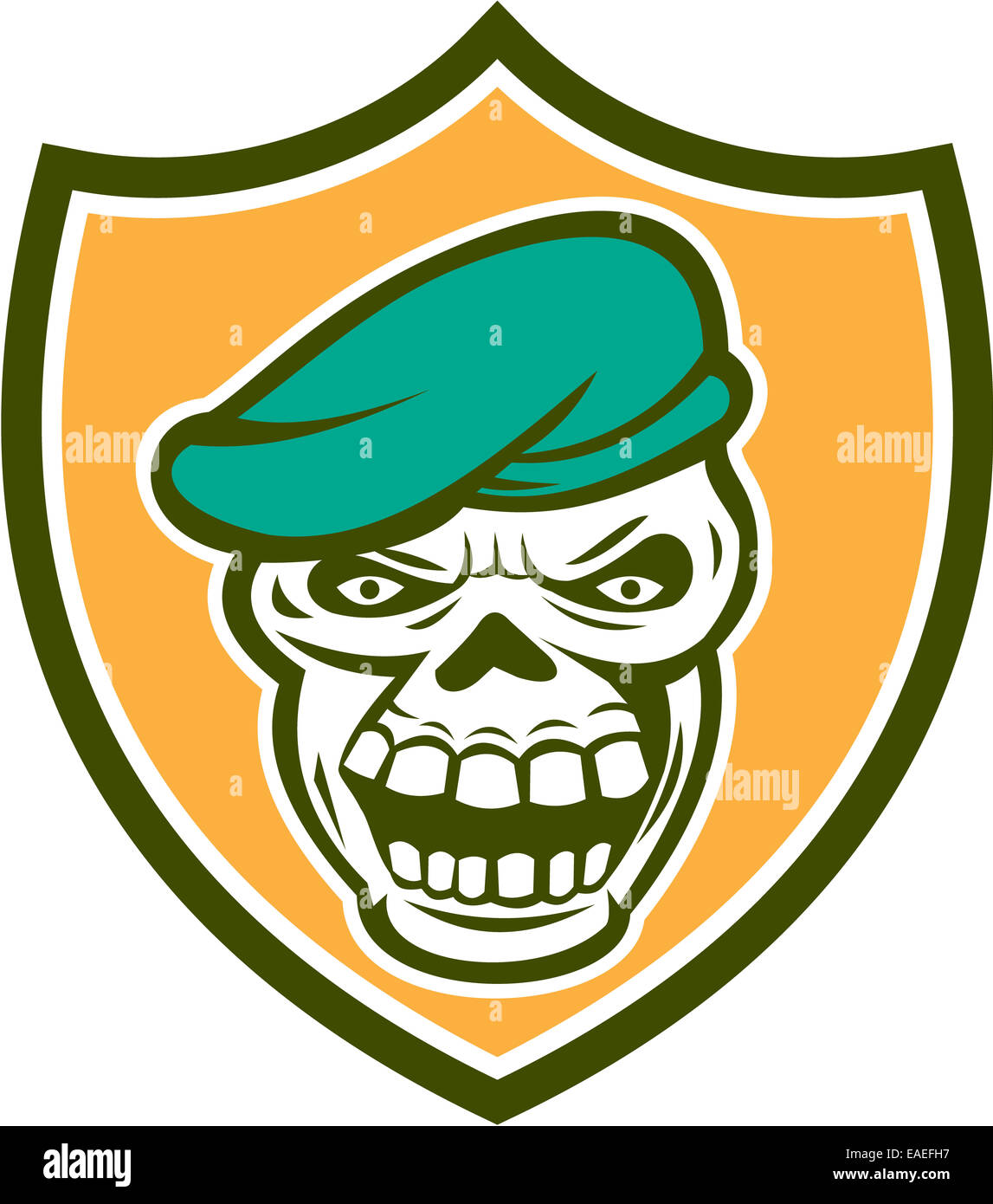 Illustration of a skull wearing beret set inside shield crest on
