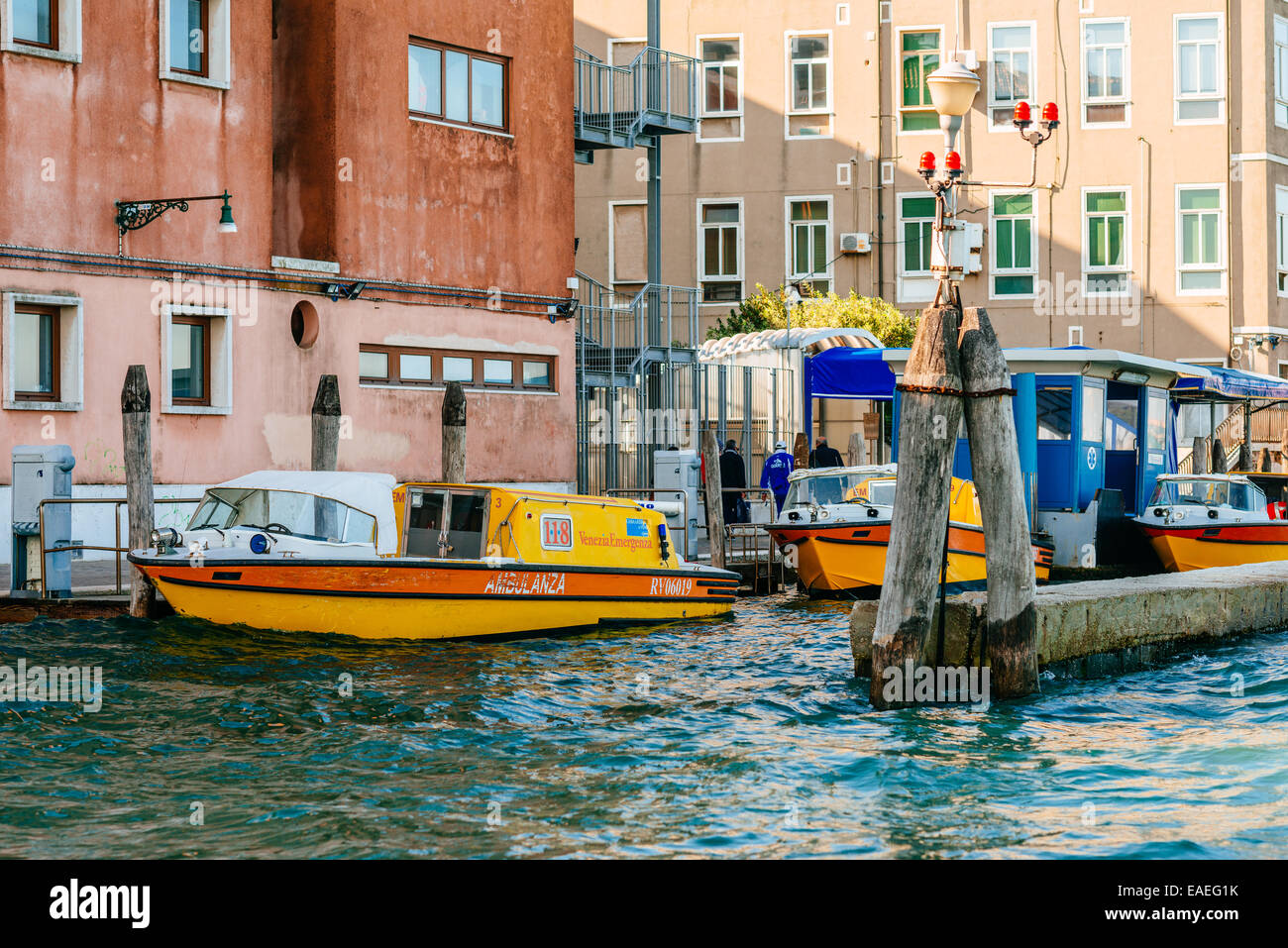 Venice emergency medical service boats station at San Giovanni e Paolo hospital. Stock Photo