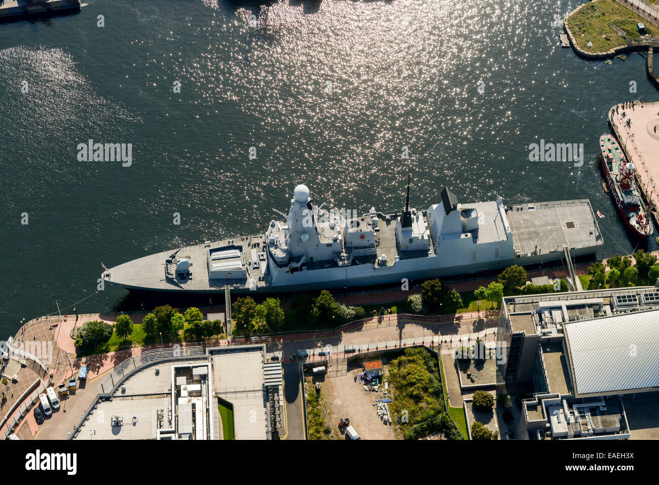 An aerial view of the Type 45 guided missile destroyer HMS Duncan docked in Cardiff during the NATO Summit of 2014 Stock Photo