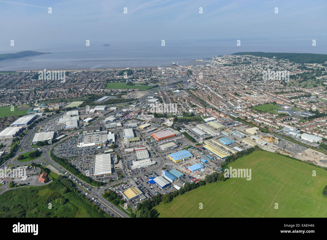 An aerial view of Weston Super Mare looking towards the Bristol Channel and Brean Down Stock Photo