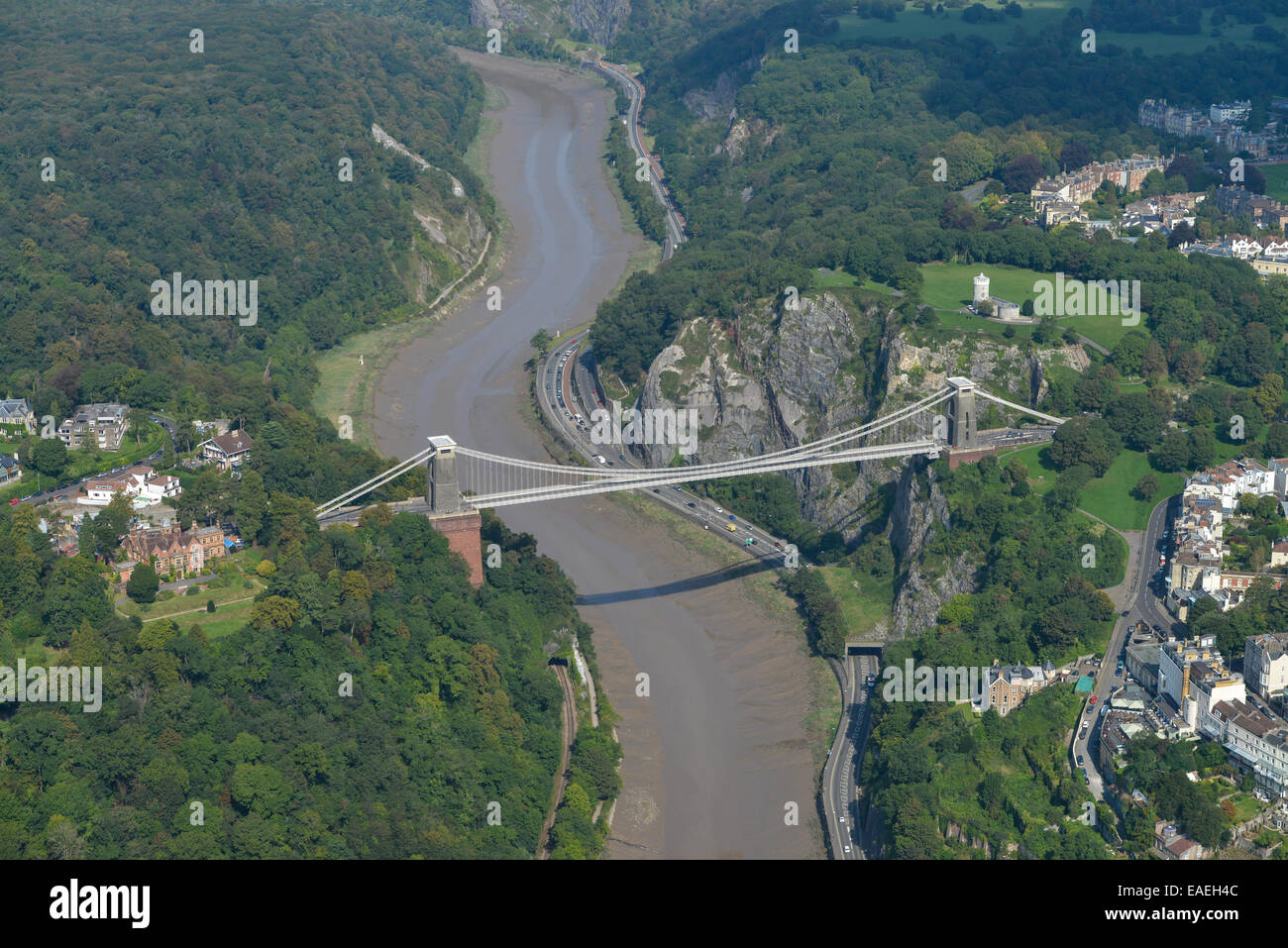 An aerial view of the Clifton Suspension Bridge above the River Avon near Bristol Stock Photo