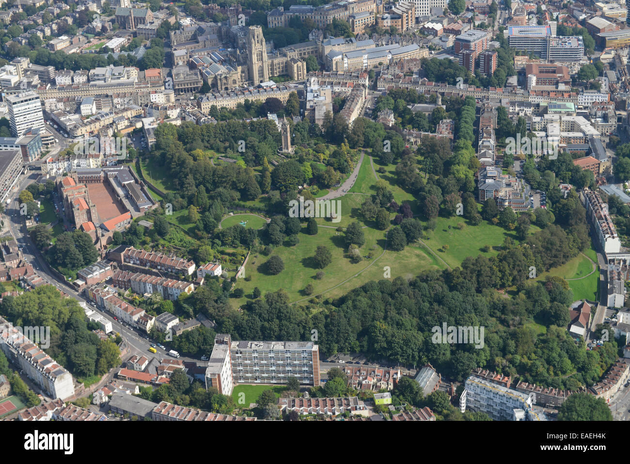 An aerial view of Brandon Hill and the Cabot Tower in Bristol Stock Photo