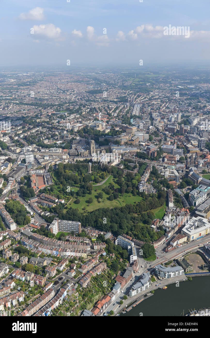 An aerial view of Bristol with Brandon Hill and the River Avon in the foreground and the city stretching away behind. Stock Photo