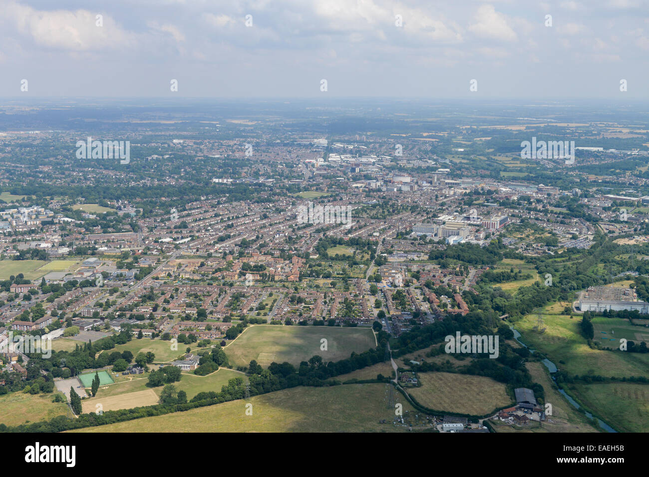 An aerial view of the southern edge of Watford, a town in Hertfordshire Stock Photo