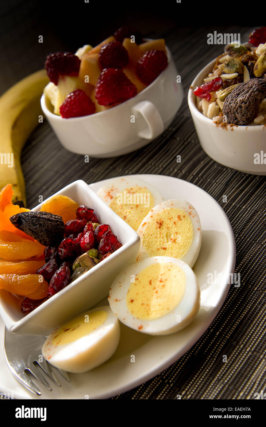 hard boiled eggs and dried fruit for breakfast Stock Photo