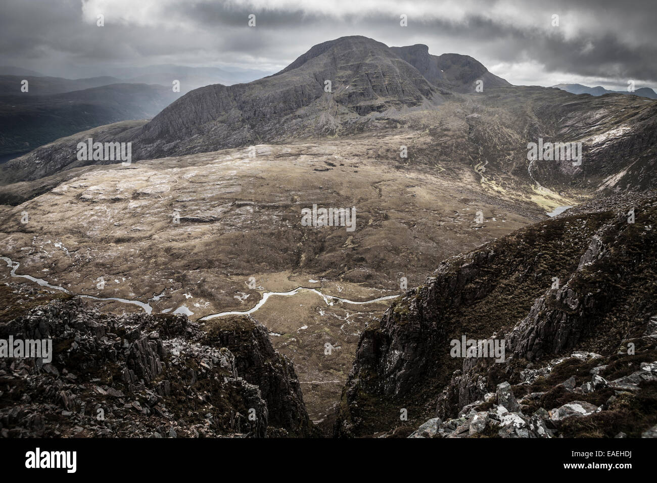 View of Sgorr Ruadh from Beinn Liath Mor across the valley Stock Photo