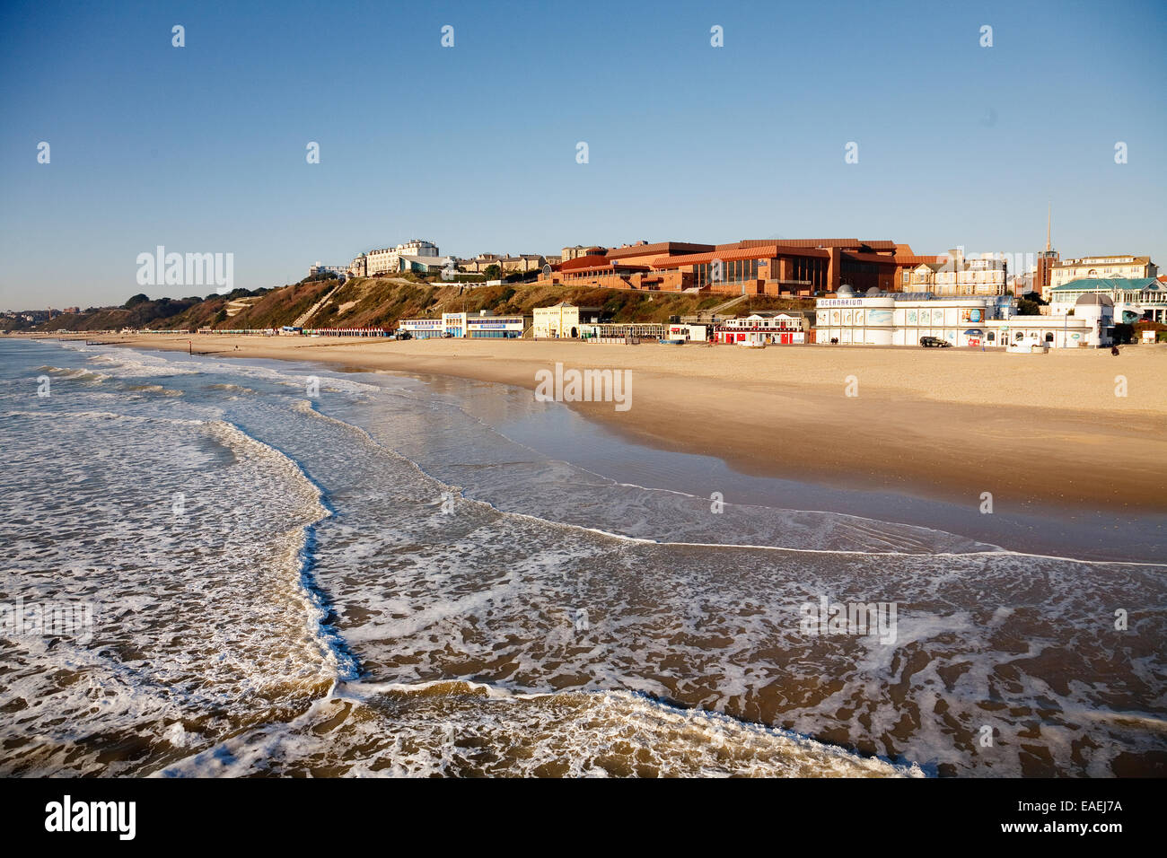 The empty sandy beach in Bournemouth, UK on sunny winter day Stock Photo