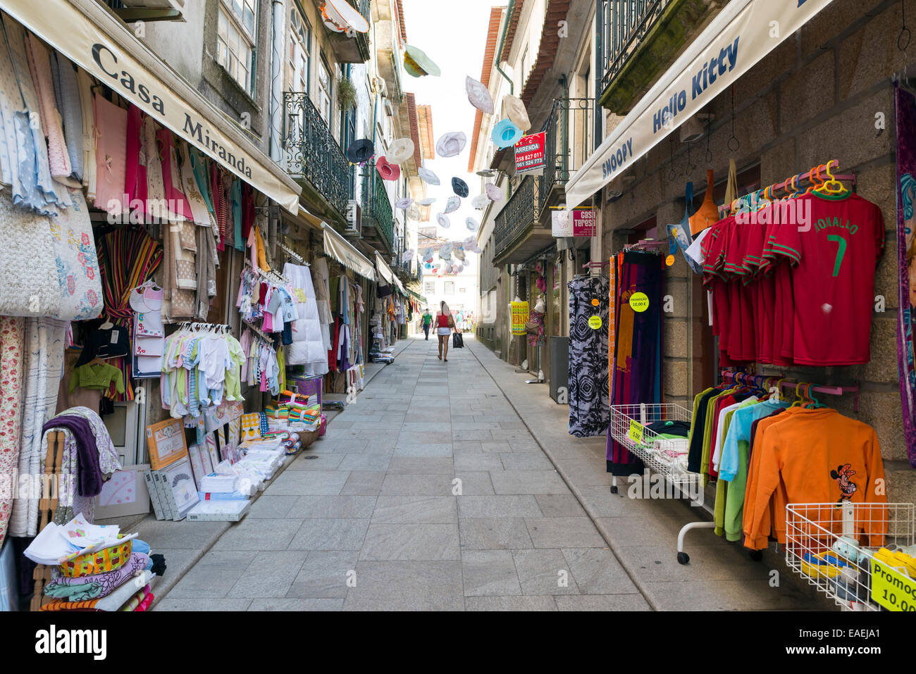 VALENÇA, PORTUGAL - SEPTEMBER 2, 2014: Shopping area in downtown. Portuguese Valença is a border town with Spain and specialized Stock Photo