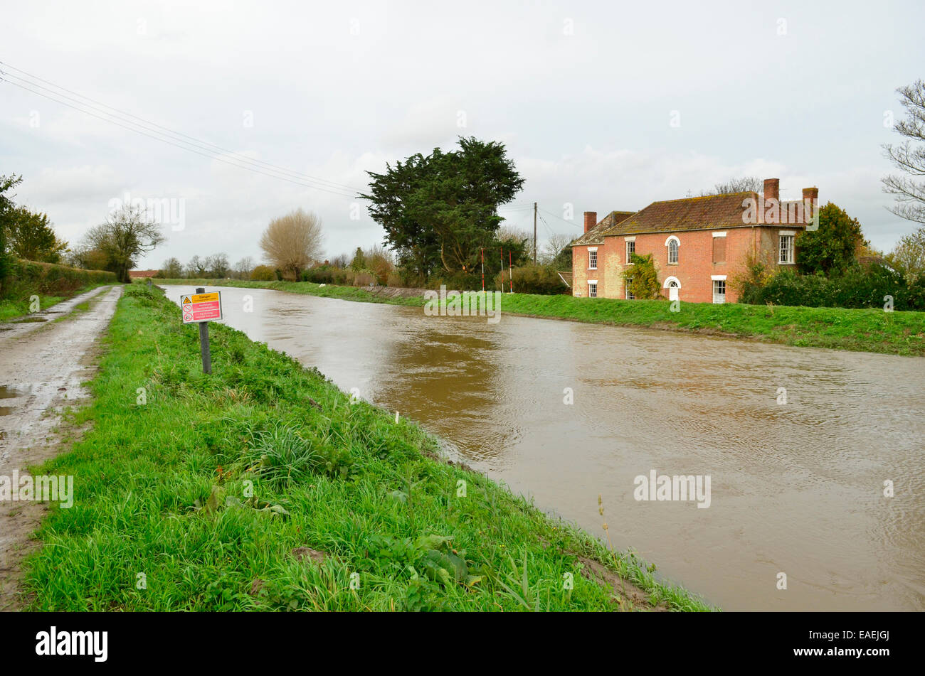 Burrowbridge, UK. 13th November, 2014. UK Weather: Banks of the river Parrett nearly to the top with floodwater still rising at Burrowbridge in Somerset. Credit:  Robert Timoney/Alamy Live News Stock Photo