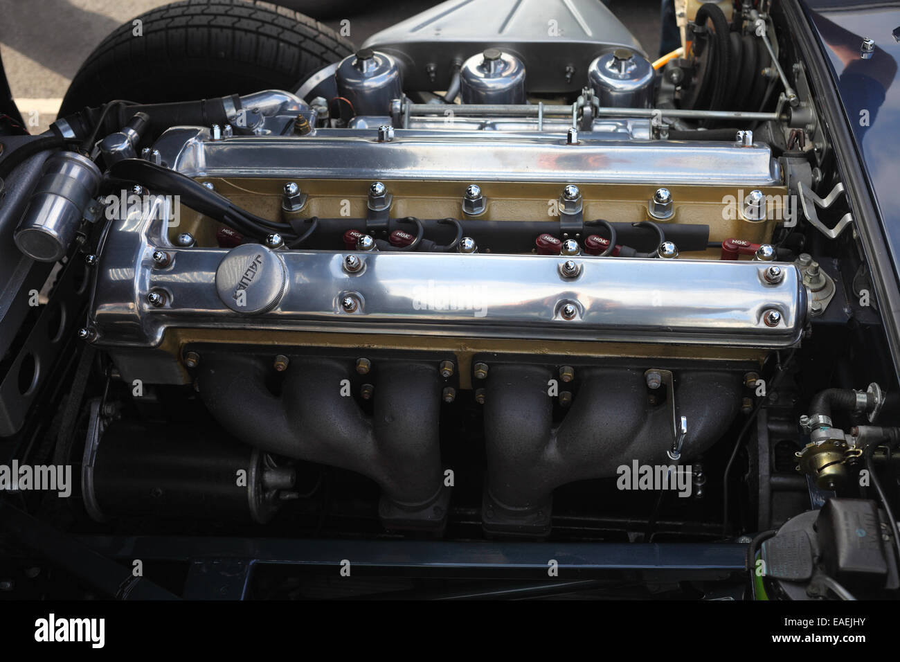 The engine of a Jaguar E Type Series 1, first registered April 1961. Stock Photo