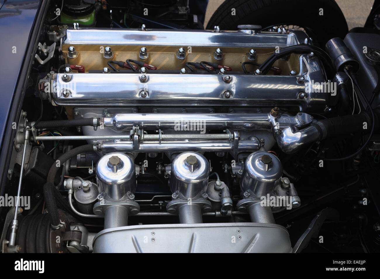 The engine of a Jaguar E Type Series 1, first registered April 1961. Stock Photo