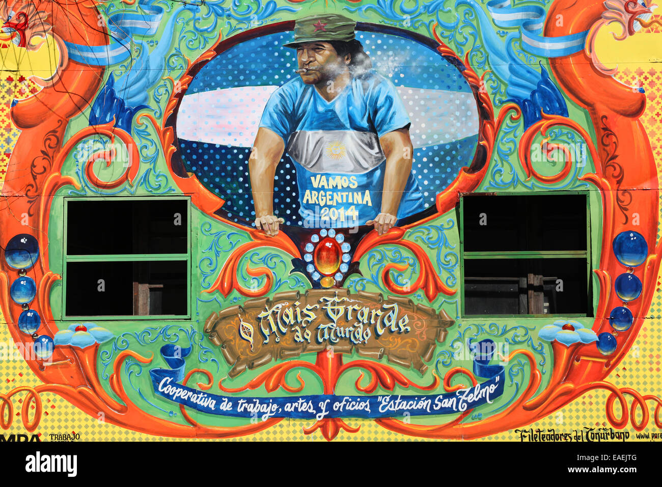 A wall art of Diego Armando Maradona supporting Argentina for the World Cup. San Telmo, Buenos Aires. Stock Photo