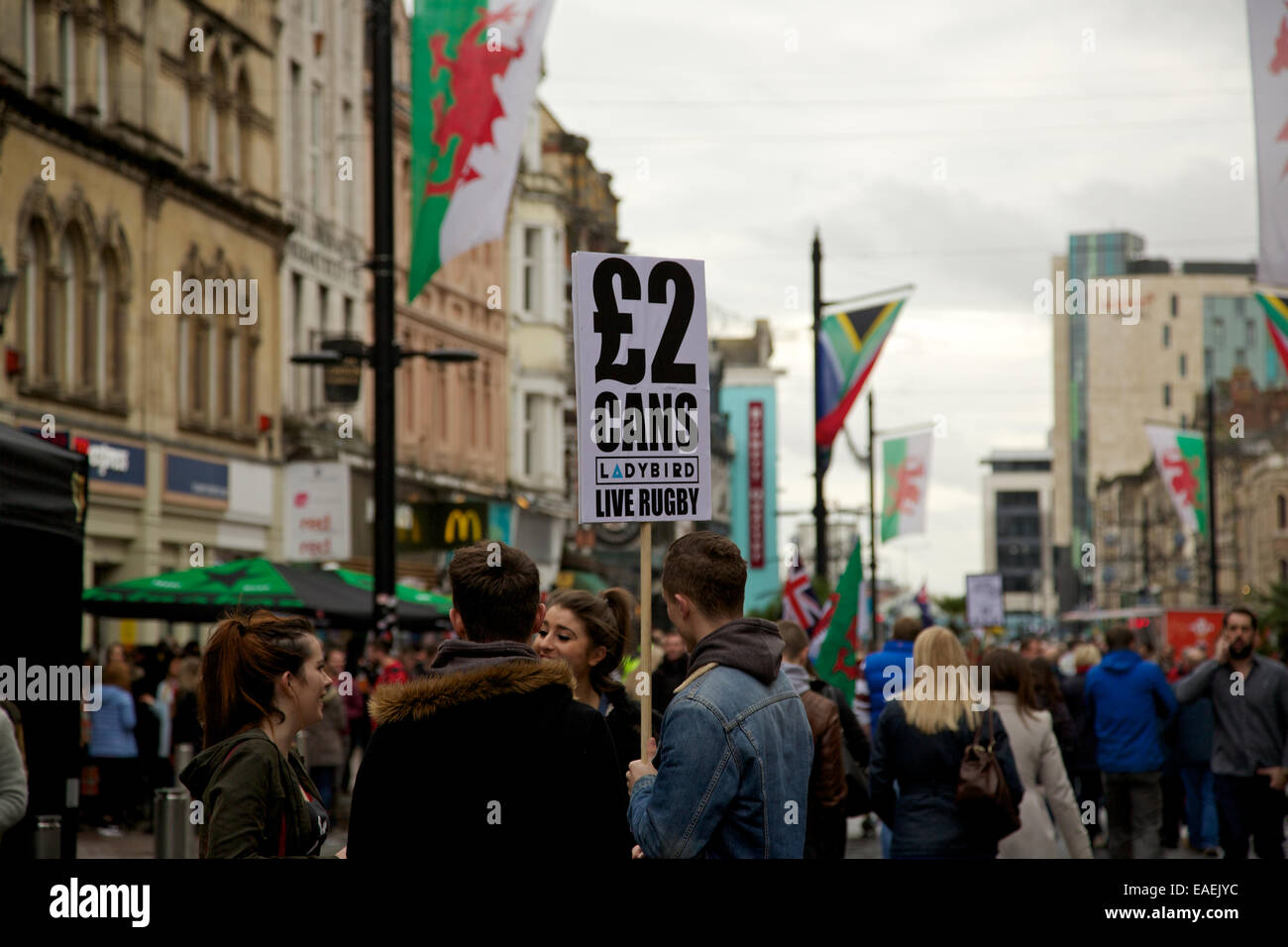 Alcohol cheap deal advertised in Cardiff city centre before rugby union game at Wales Millennium Stadium. Stock Photo