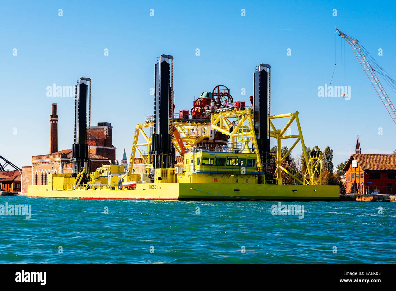 Jack-up vessel Mose, called after project to set up gates temporarily isolate the Venetian Lago Stock Photo