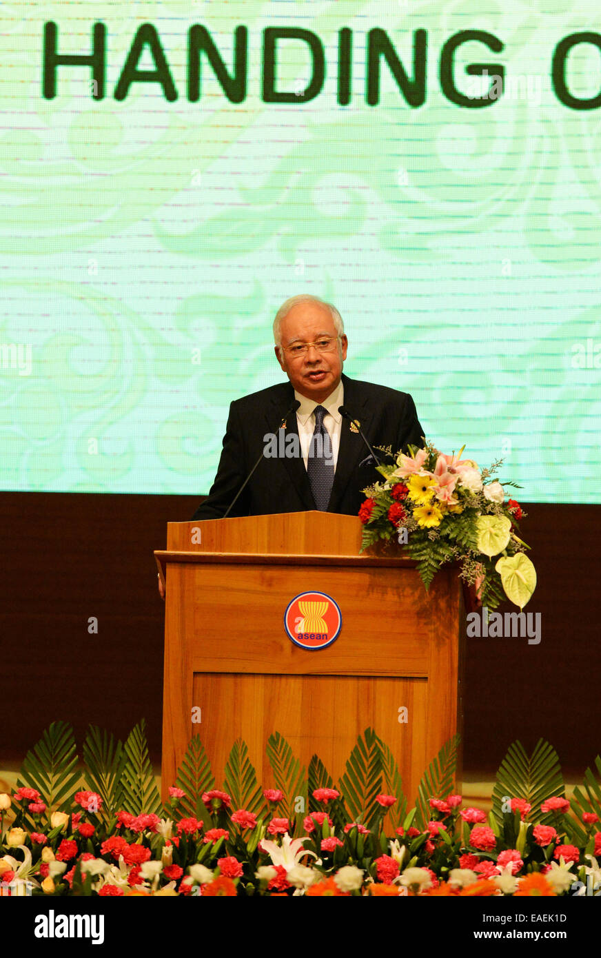 Nay Pyi Taw, Myanmar. 13th Nov, 2014. Najib Razak, prime minister of Malaysia and chairman of the 2015 ASEAN Summit and related summits, speaks during the Closing Ceremony of the ASEAN Summit and the Handover of the ASEAN Chairmanship to Malaysia in Nay Pyi Taw, Myanmar, Nov. 13, 2014. The 25th ASEAN Summit and related summits closed here on Thursday. Credit:  Ma Ping/Xinhua/Alamy Live News Stock Photo