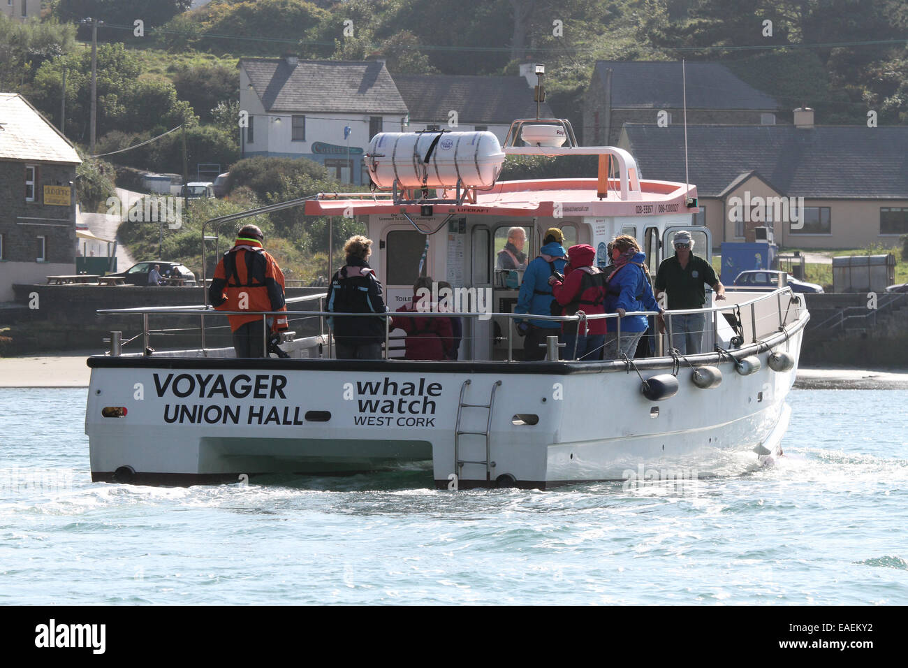 Nic Slocum's vessel 'Voyager' on a whale watching and sight seeing at Cape Clear West Cork Ireland. Stock Photo