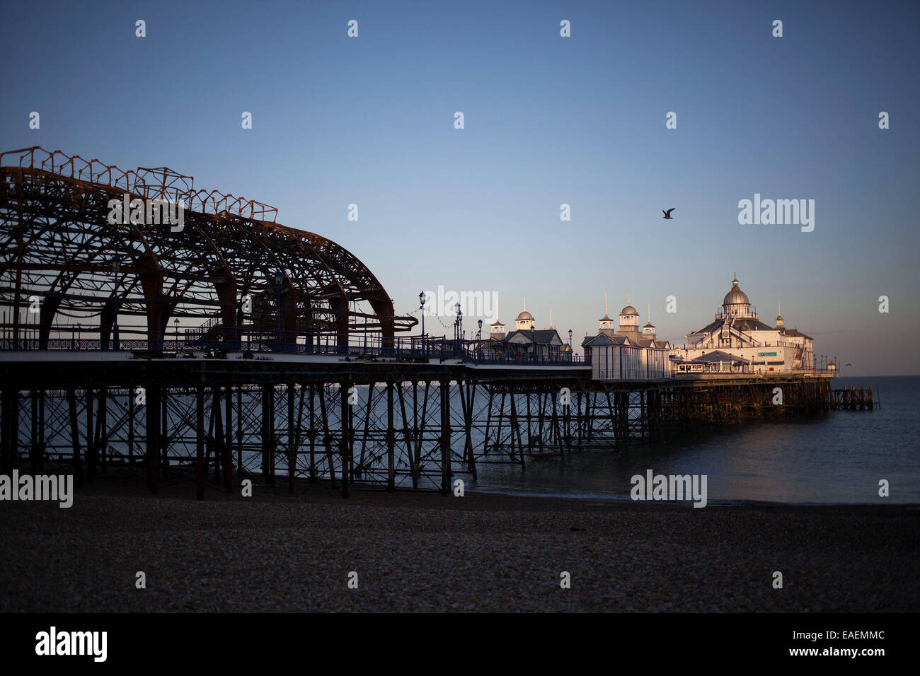 Half destroyed remains of Eastbourne Pier following a fire. The Pier suffered a fire on that ripped through half its structure. Stock Photo