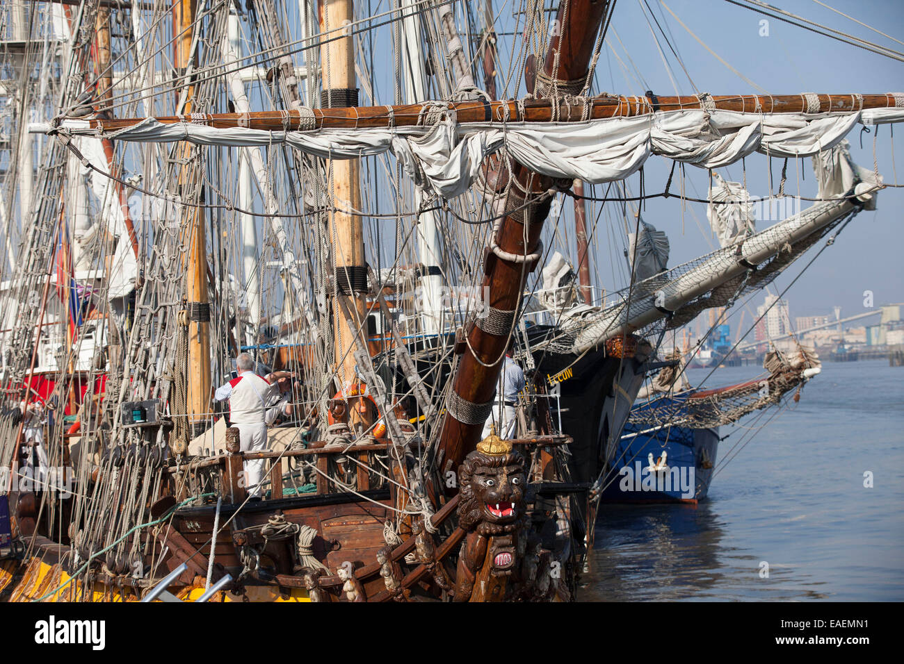 Rigging of tall ships moored in Woolwich, London as part of the Thames