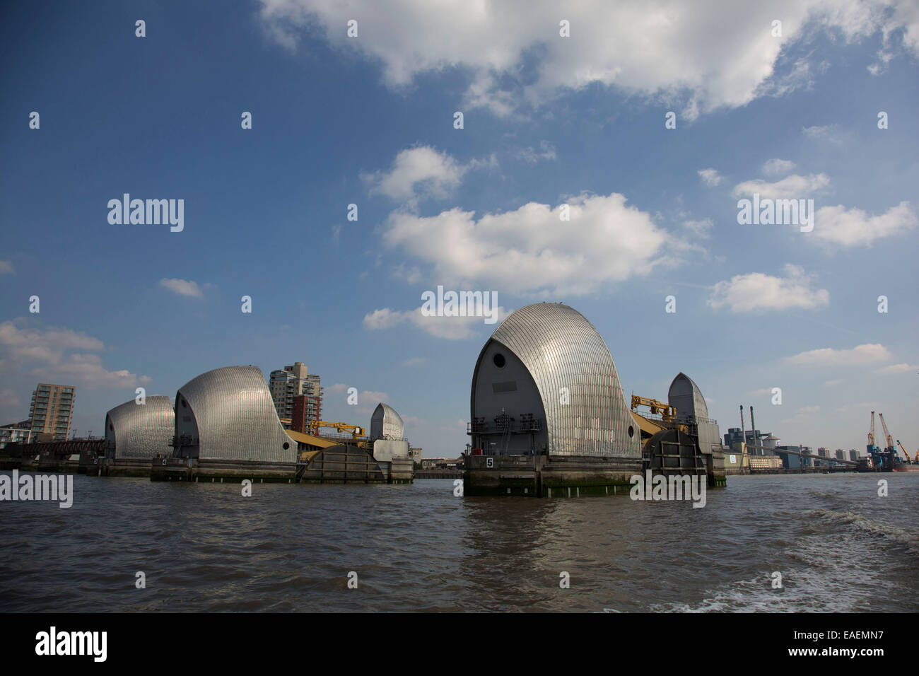 The Thames Barrier, London, UK. This is the flood defenses for the capital. Stock Photo