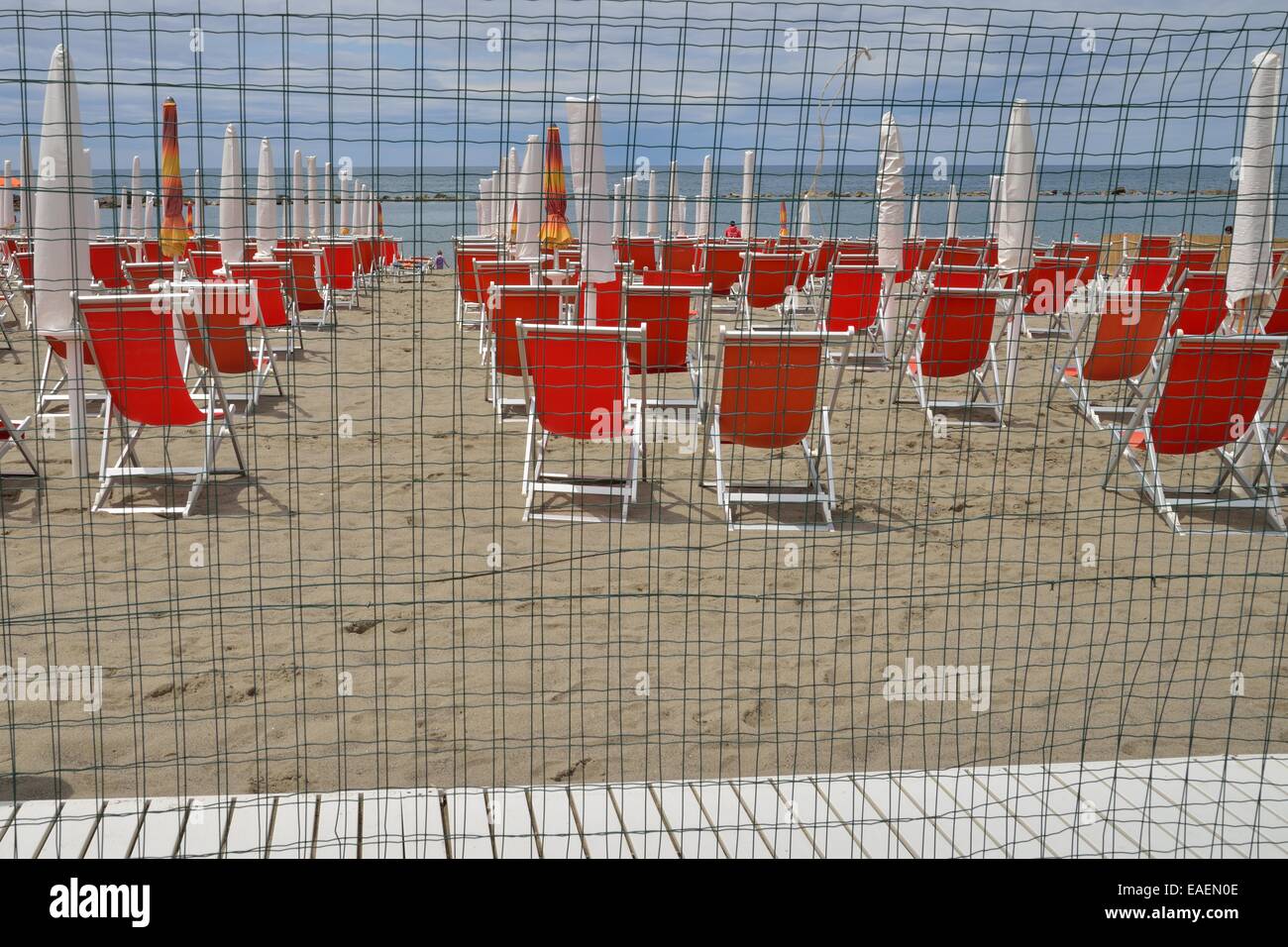 Private Equipped beach (grid enclosure). Stock Photo