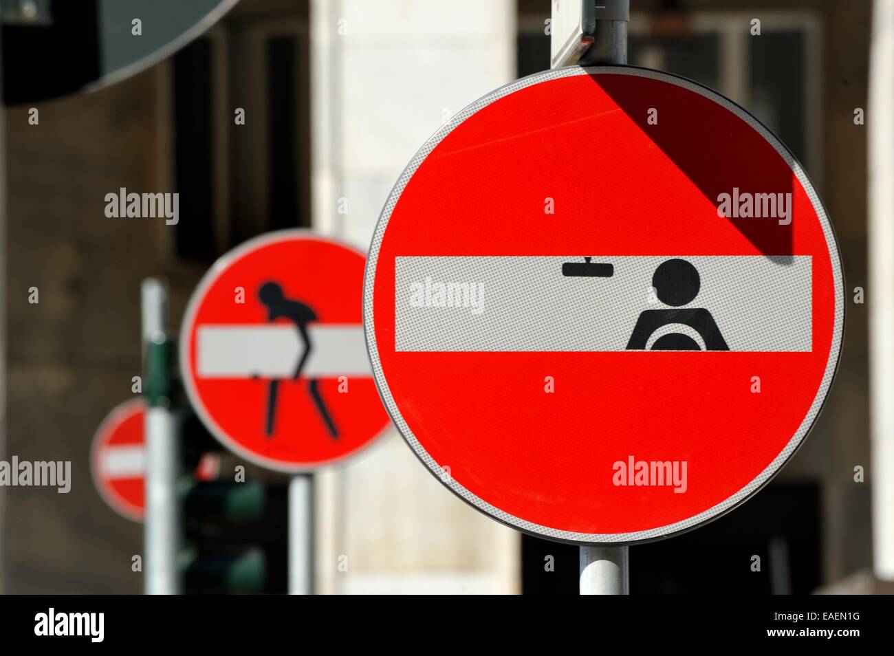 Funny traffic sign in Milan (no through traffic), Clet Abraham Stock Photo