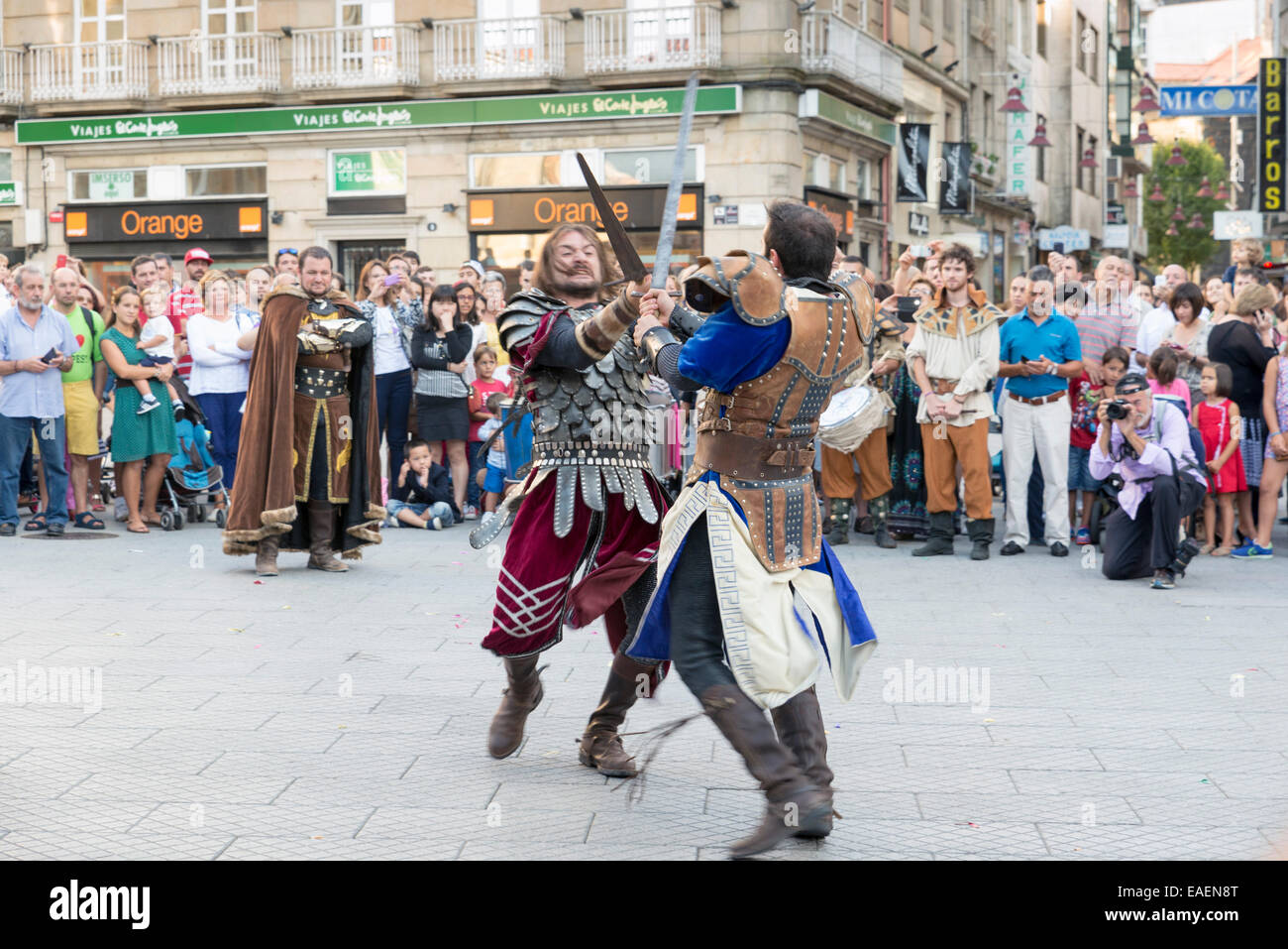 PONTEVEDRA, SPAIN - SEPTEMBER 5, 2014: Historical reenactment of a fight between medieval knights at the annual festival 'Feira Stock Photo