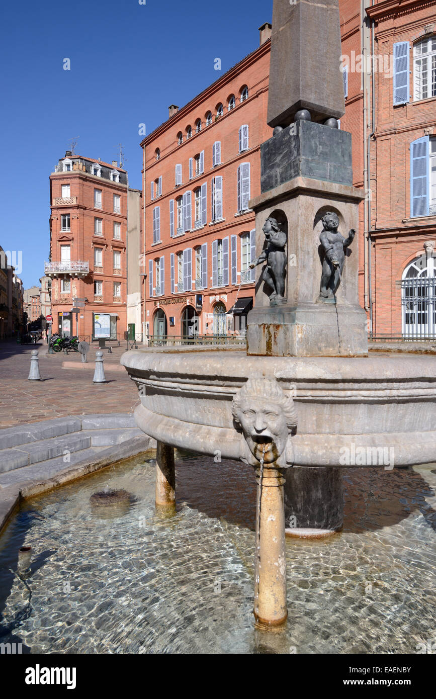 Street Fountain and Red-Brick or Brick Architecture on  Place Etienne Toulouse France Stock Photo