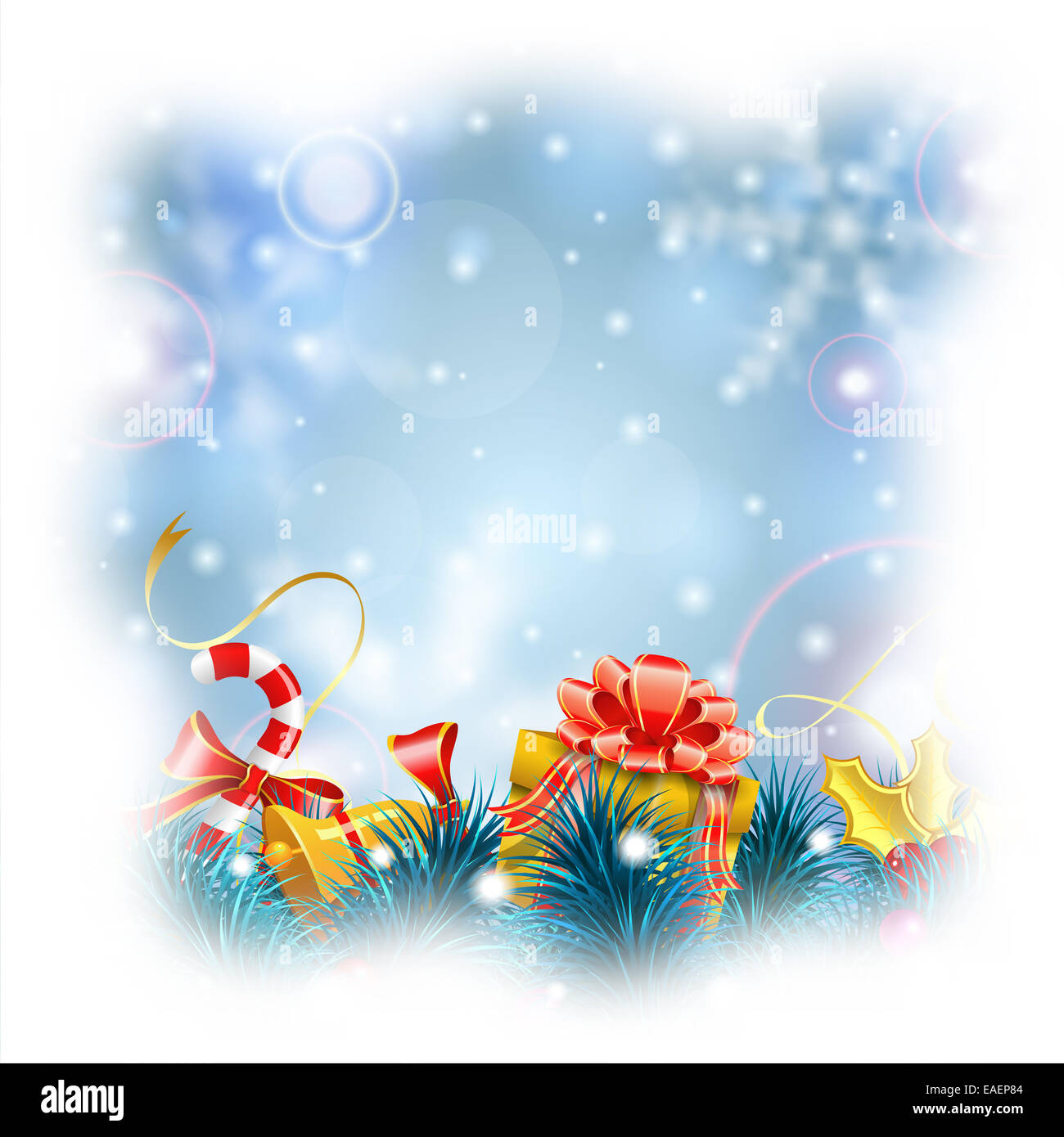 Christmas Blurred Bokeh Background with Snowflakes, Gift, Fir Branches, Gold Streamer and Candy, illustration. Stock Photo