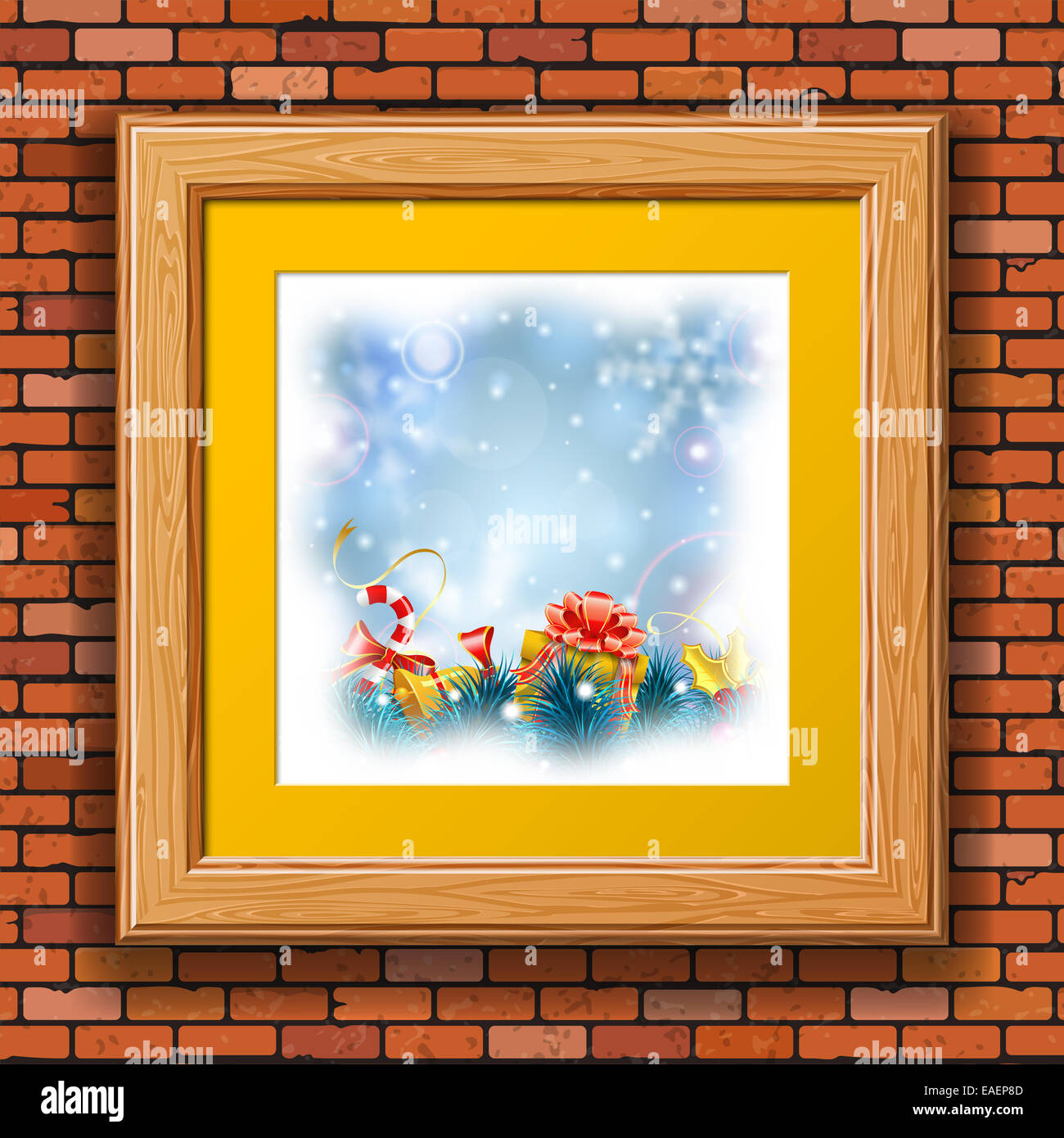 Christmas Blurred Bokeh Background with Snowflakes, Gift, Fir Branches, Gold Streamer and Candy in Wooden Frame on Brick Wall. Stock Photo