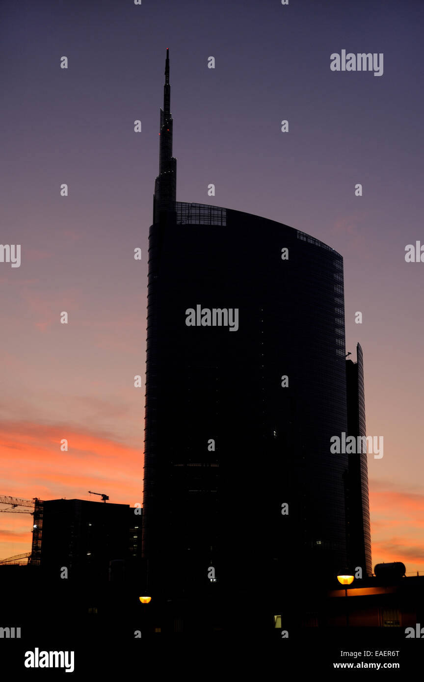 UniCredit Tower, Milan, headquarter of UniCredit Bank (sunset vision) Stock Photo