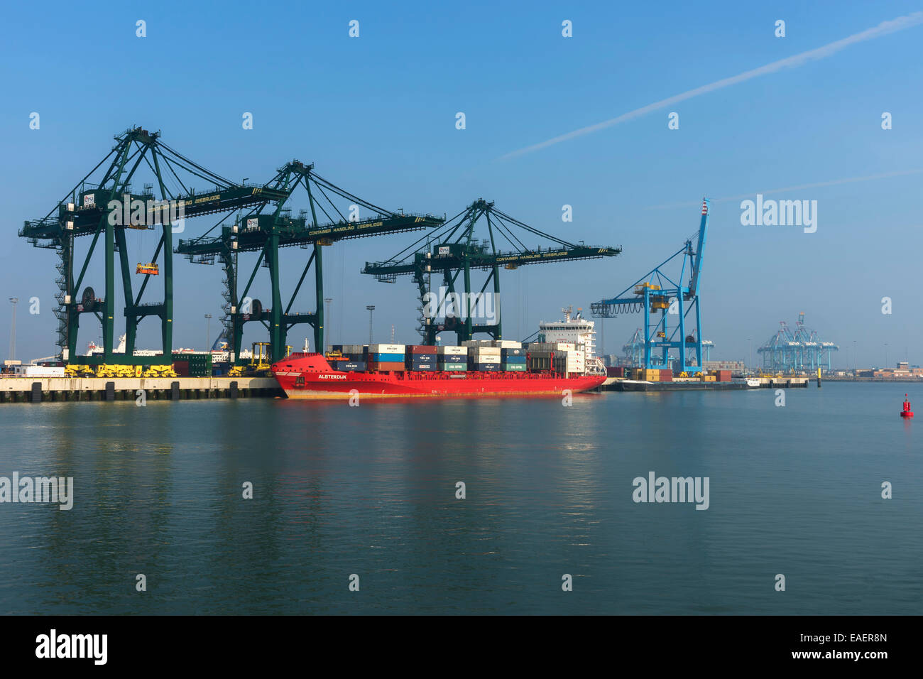 Container ship in the harbor of Zeebrugge-Seabruges. Stock Photo