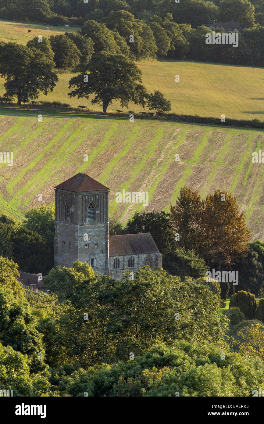 Little Malvern Priory, Worcestershire, photographed from the Malvern Hills at Sunrise in August. Stock Photo