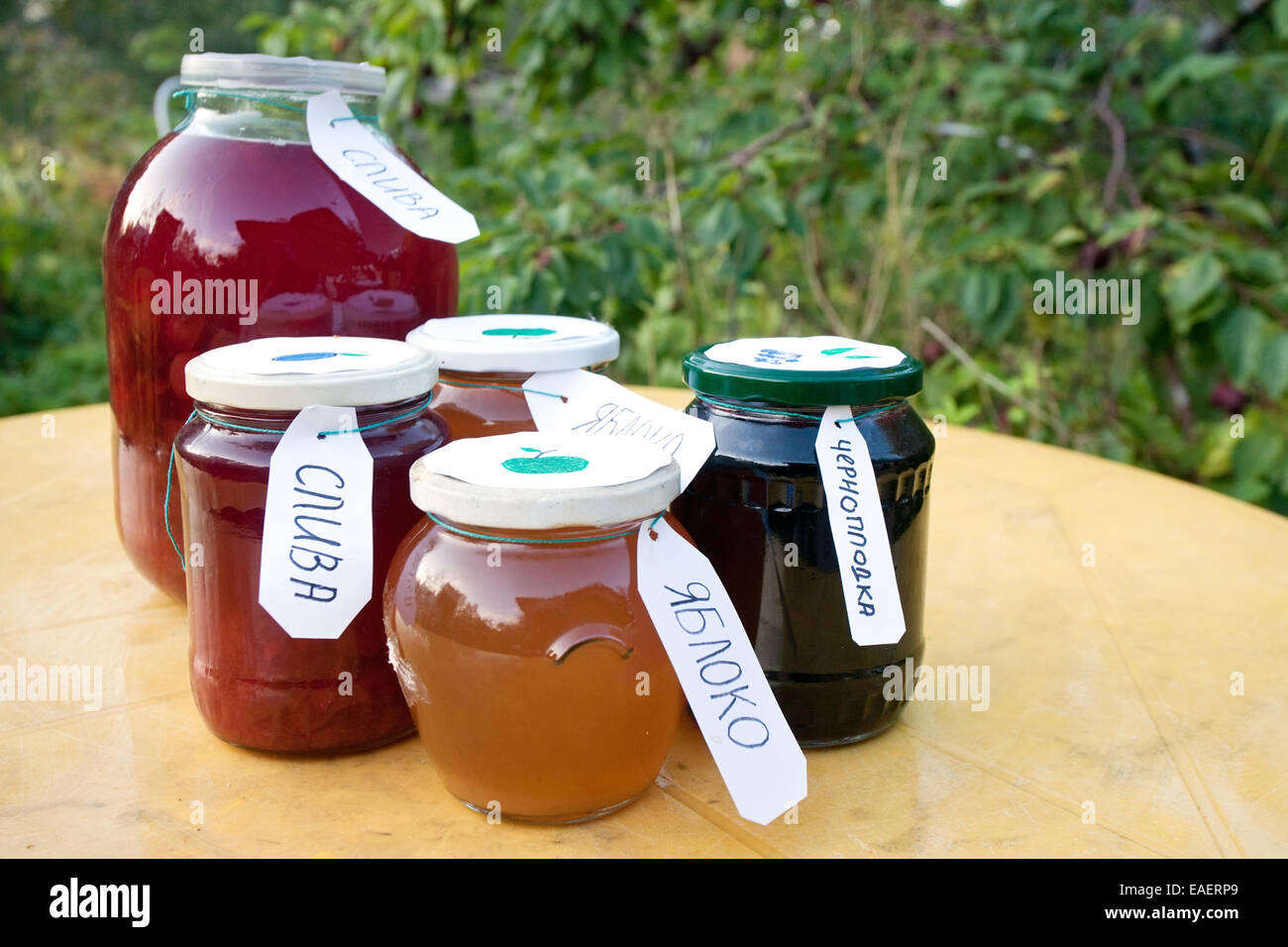 homemade compote and jam pots with Russian labels on the table on