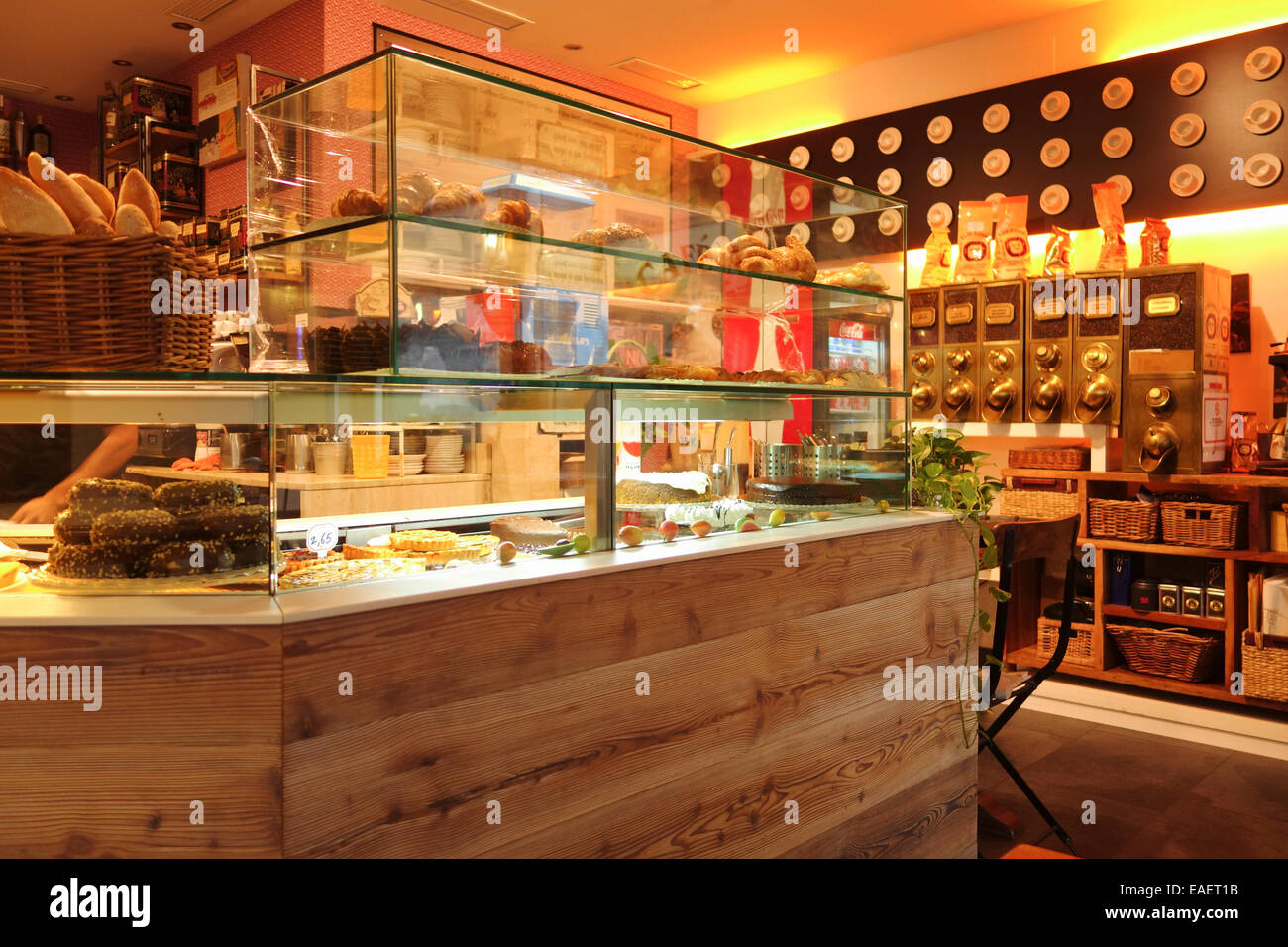 Modern style coffee shop, store, offering a selection of different coffee and pastry spain. Stock Photo