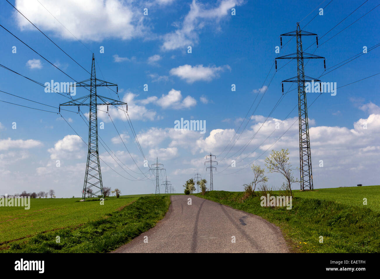 Transmission, power lines in a field, clouds Stock Photo