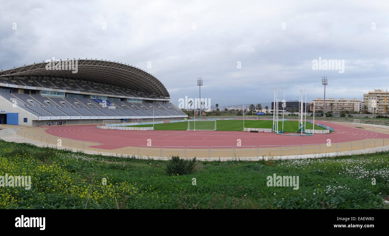 The outdoor sports athletics soccer football stadium , Estadio de atletismo Ciudad de Málaga, Andalusia, Spain. Stock Photo
