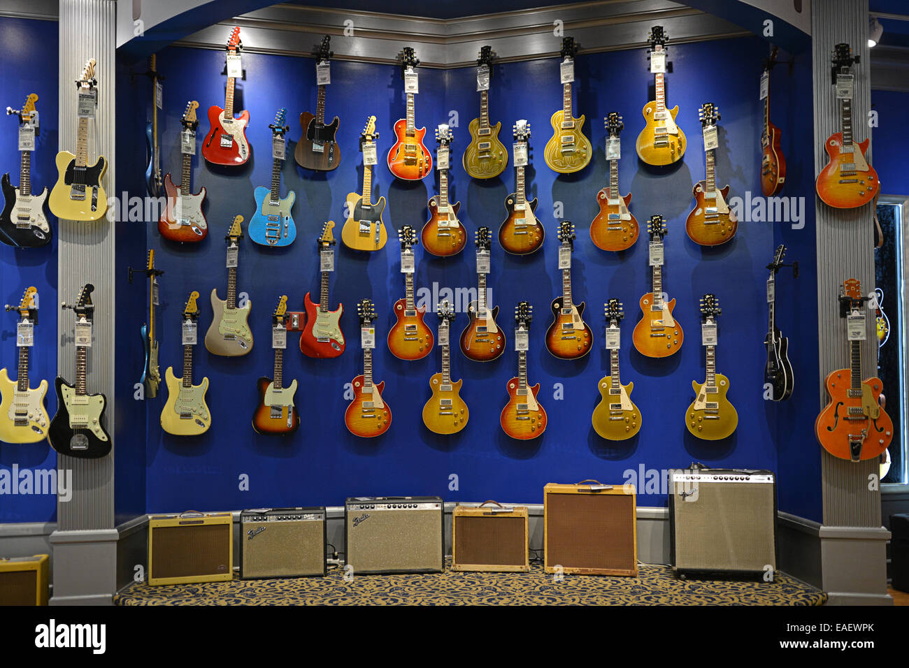 Vintage guitars and amplifiers for sale at the Guitar Center on West 14th Street in Manhattan, New York, City Stock Photo