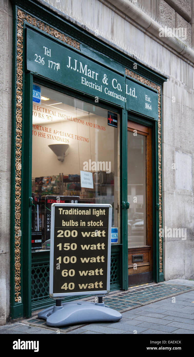 J.J. Marr Ltd Electrical contractor and sales shop   Selling traditional light bulbs, Liverpool, Merseyside, UK Stock Photo