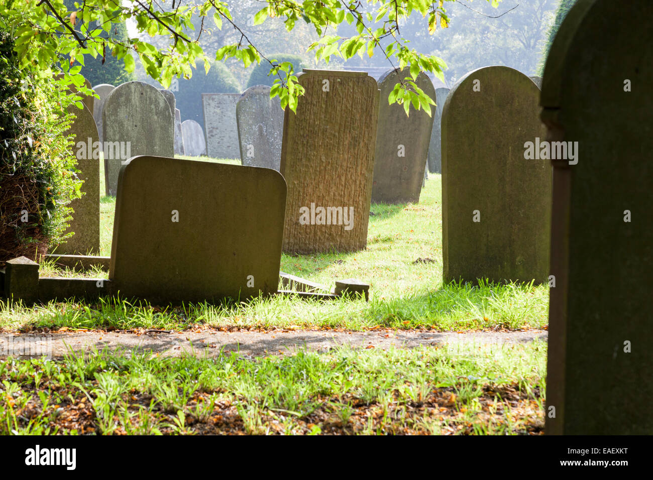 Gravestones at the church graveyard in Baslow, Derbyshire, England, UK Stock Photo